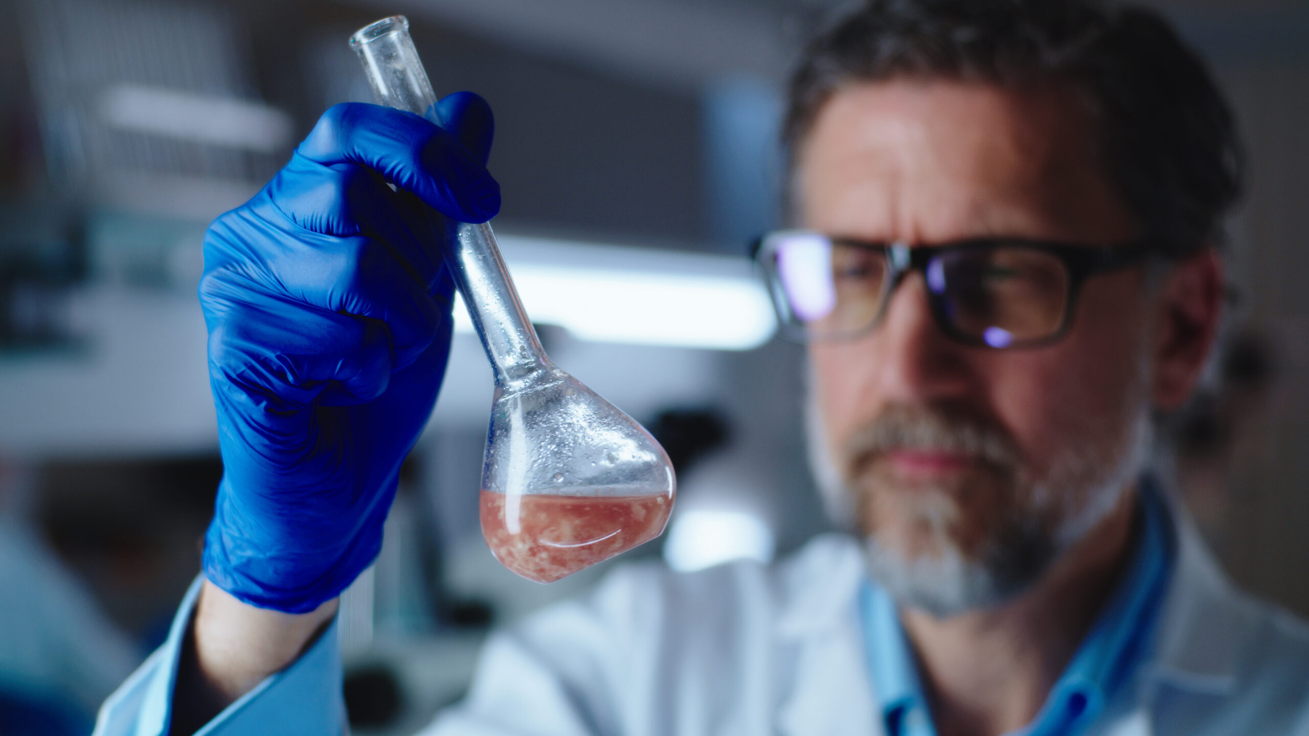 Mature scientist examining cell grown meat in vial
